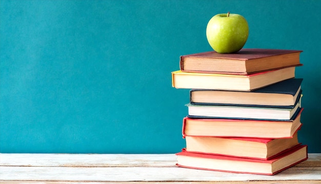 Photo stack of books with a apple on the table