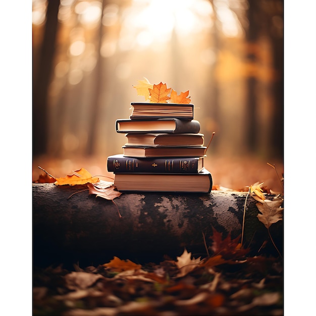 A stack of books with autumn tree leaves on them on a wooden park bench and closeup