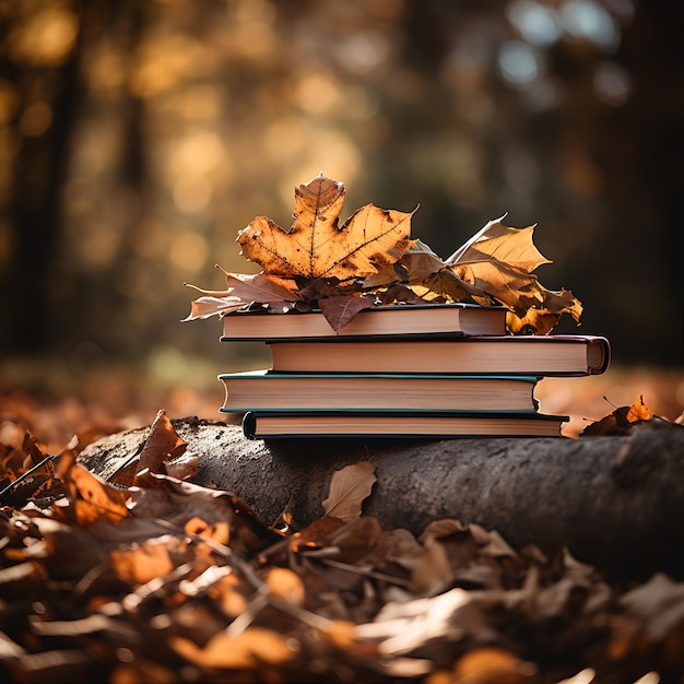 A stack of books with autumn tree leaves on them on a wooden park bench and closeup