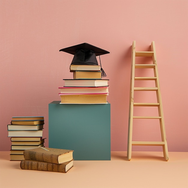 a stack of books with a black cap on top of them