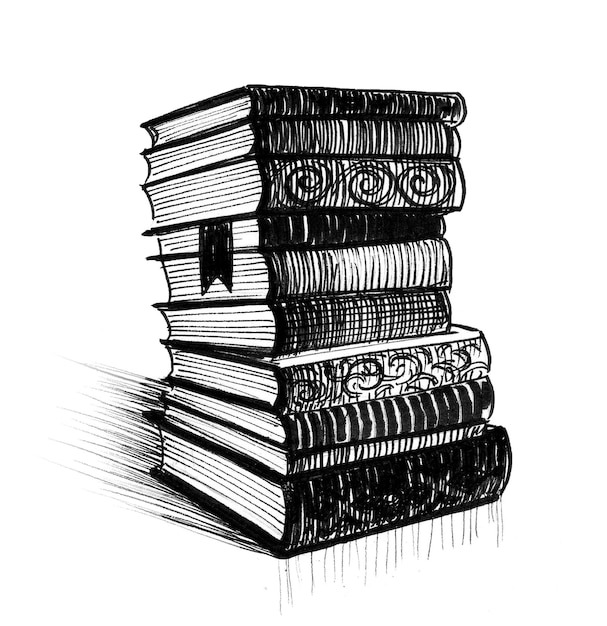 Foto una pila di libri con una penna nera sul fondo.