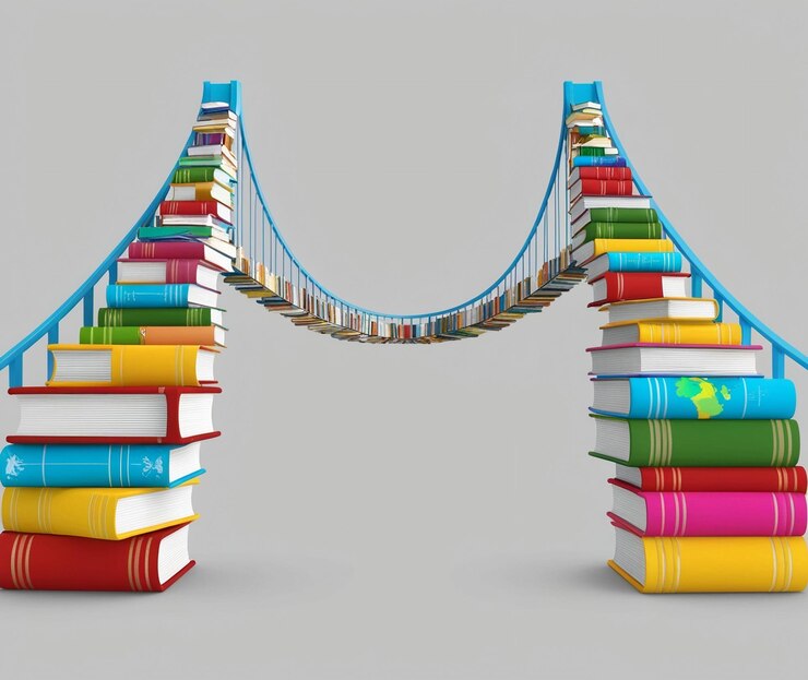 a stack of books with a blue ribbon around the top
