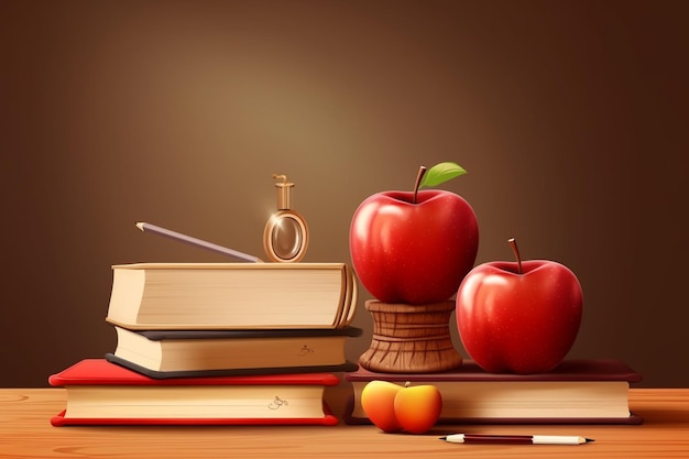 A stack of books with a bottle of perfume next to it and a red apple on the bottom