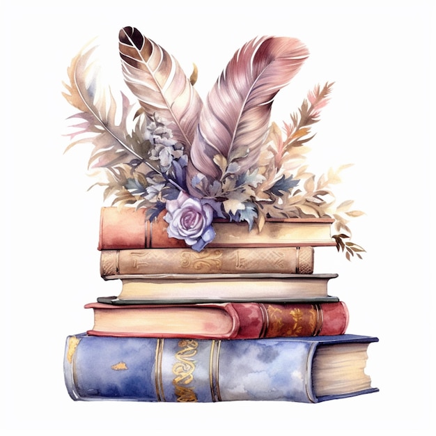 A stack of books with a bouquet of flowers and a feather on top