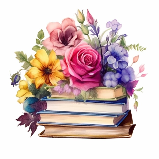 A stack of books with a bouquet of flowers on top.