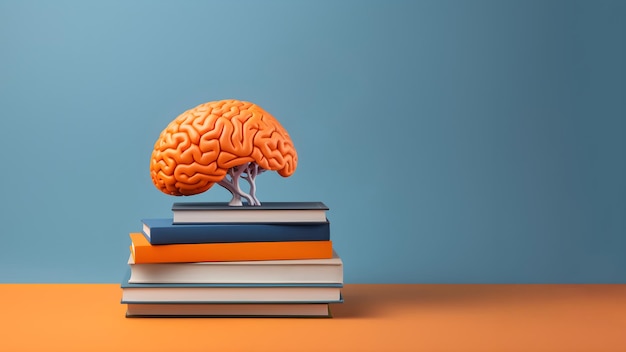 A stack of books with a brain on top