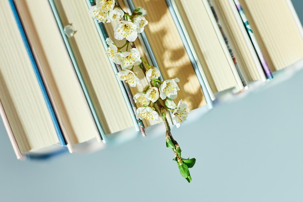 Stack of books with branch flowers World book day