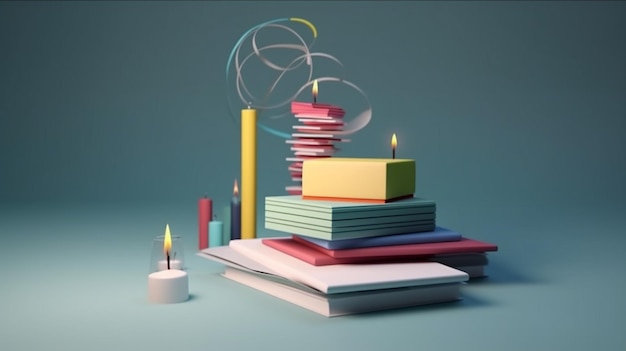 A stack of books with a candle burning in the background.