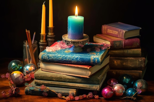 A stack of books with a candle in the middle