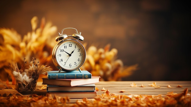 A stack of books with a clock and a clock on it