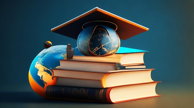 A stack of books with a clock and a clock on it