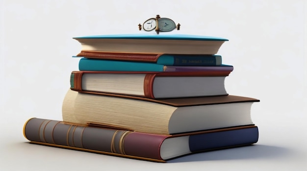 A stack of books with a clock and a clock on it