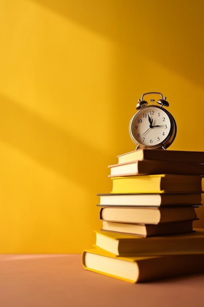 A stack of books with a clock on it and a yellow background