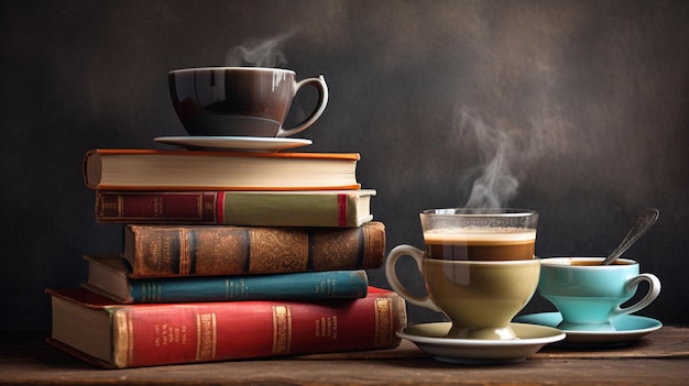 Стопка книг с чашкой кофе на ней