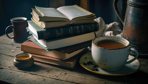 A stack of books with a cup of tea on the table