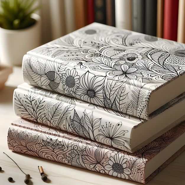 a stack of books with a flower design on the top