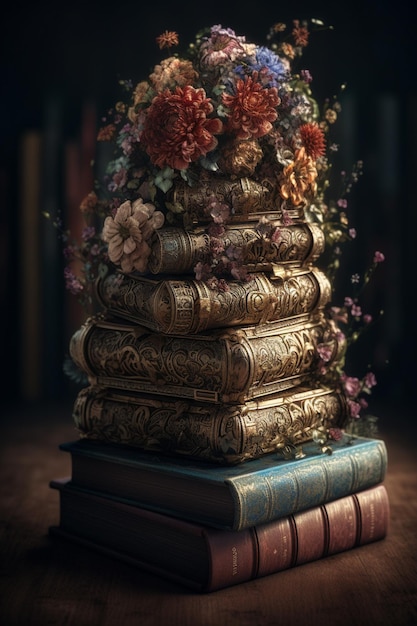 A stack of books with a flower on the top.