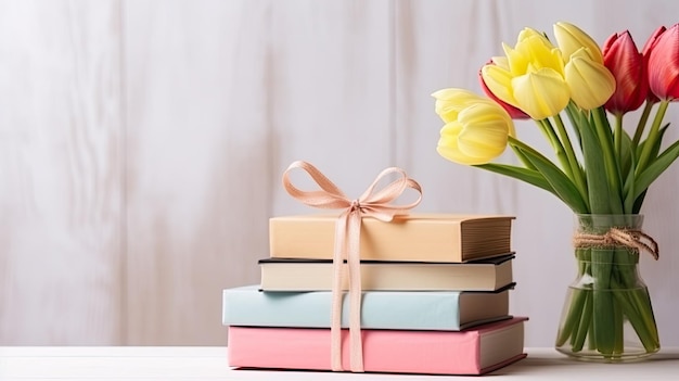 A stack of books with a flower vase Web banner with copy space Generative AI