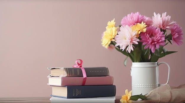 A stack of books with a flower vase Web banner with copy space Generative AI
