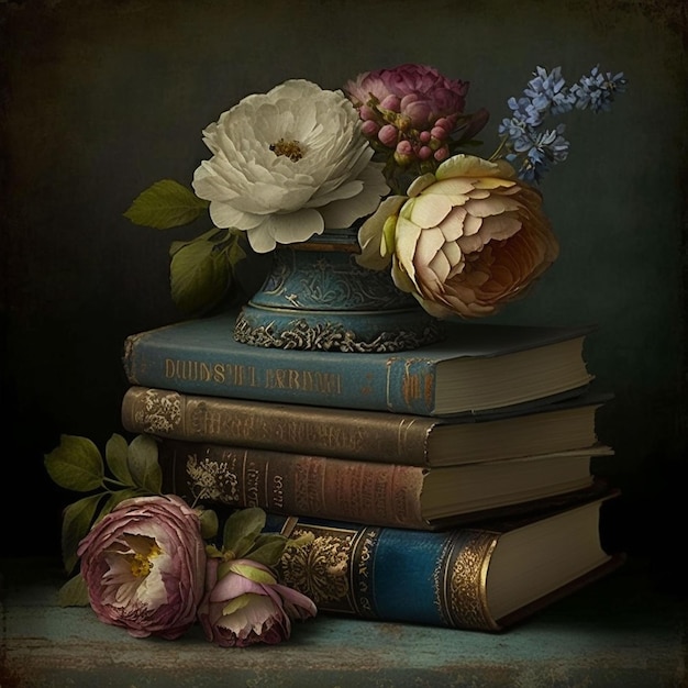 A stack of books with flowers on the bottom.