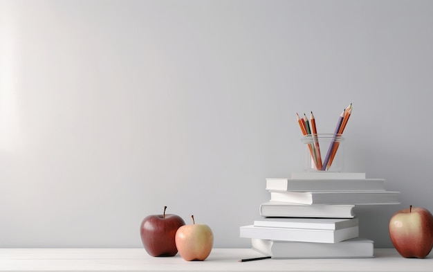 A stack of books with a glass of pencils on top of it.