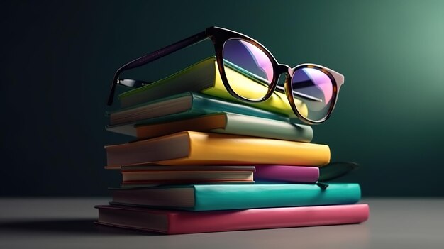 Stack of books with glasses Generative Ai