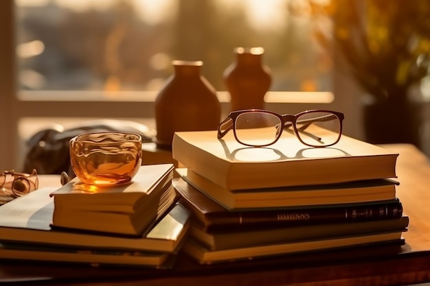 Stack of books with glasses on top of them