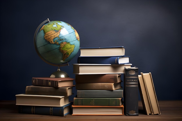 A stack of books with a globe on the top of it.