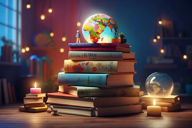 a stack of books with a globe on top of them with a globe on top of it