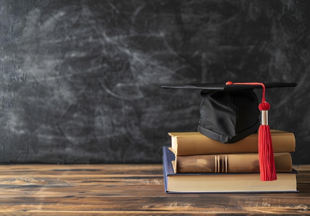 Stack of books with graduation cap on blackboard background Education concept