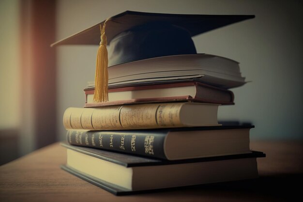 A stack of books with a graduation cap on top of it.