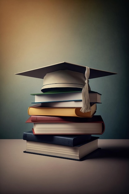 A stack of books with a graduation cap on top of it.