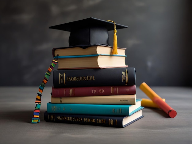 Photo a stack of books with a graduation cap on top of them