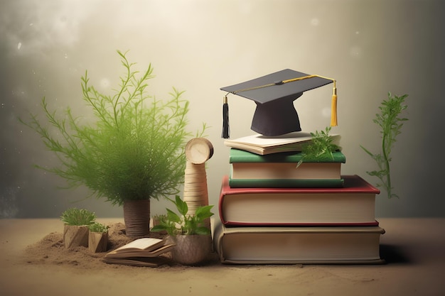 A stack of books with a graduation cap on top.