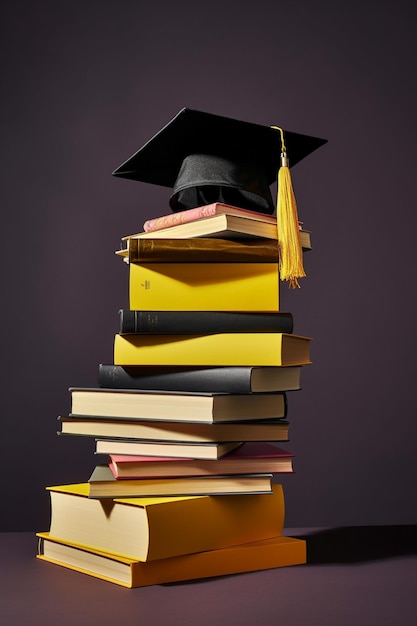 A stack of books with a graduation cap on top