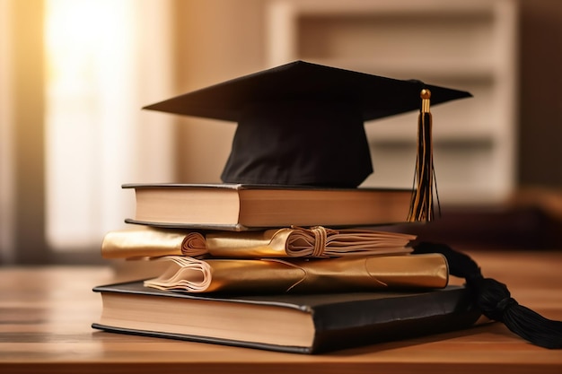 A stack of books with a graduation cap on top