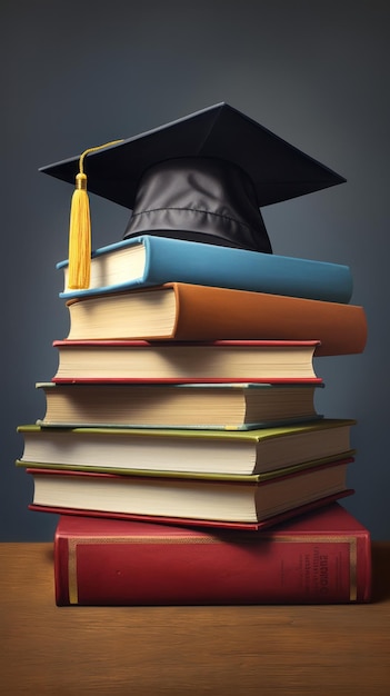 A stack of books with a graduation cap on top