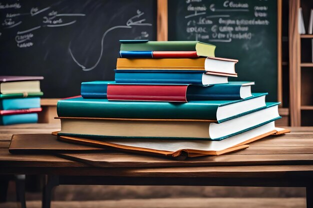 A stack of books with a green board in the background.