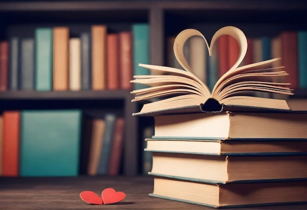 Foto una pila di libri con un cuore in cima alle pagine