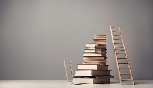 a stack of books with a ladder leaning against it