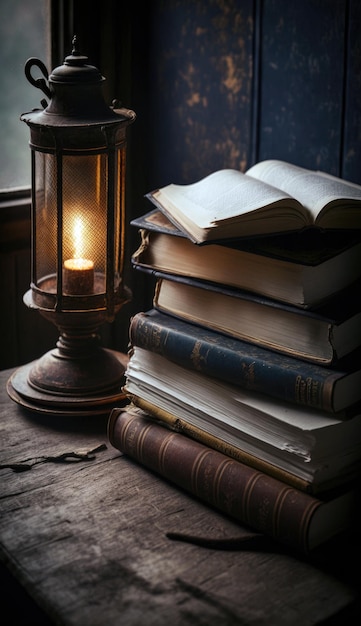 A stack of books with a lamp on the table.