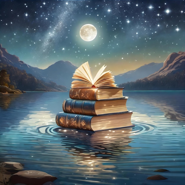 a stack of books with the moon in the background