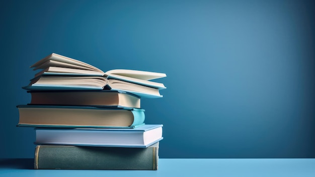 A stack of books with one being read by a blue background.