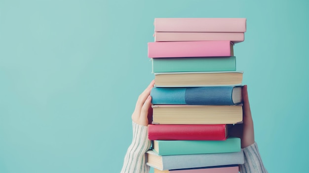 Photo a stack of books with one hand on top of it