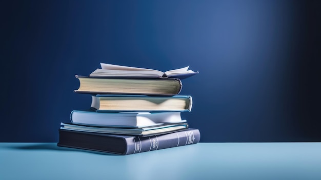 A stack of books with one that says'the book is on a blue table '