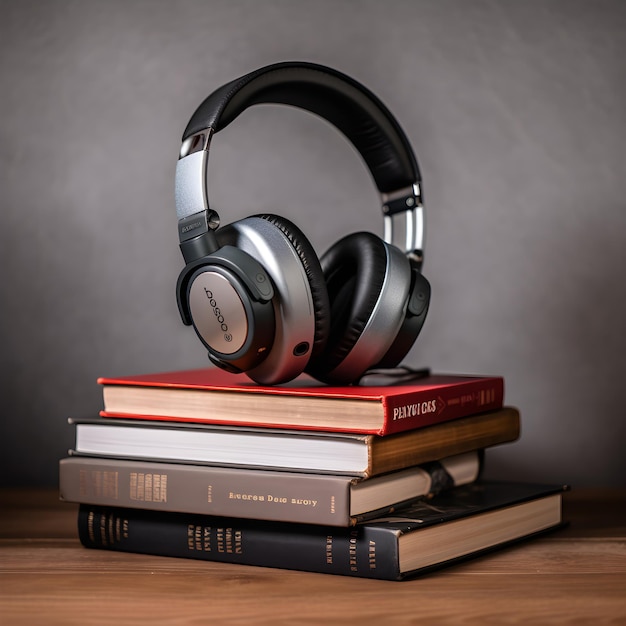 A stack of books with a pair of headphones on top of it.
