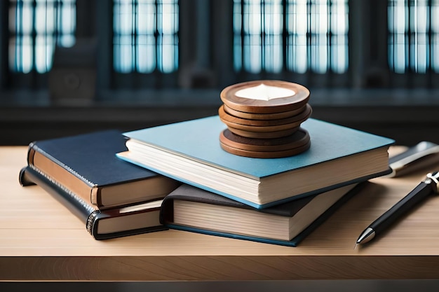 A stack of books with a pen on top of them