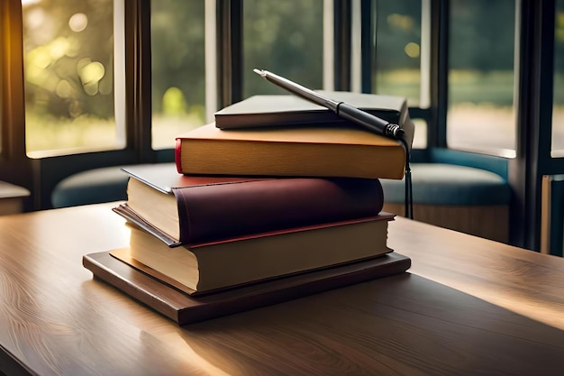 A stack of books with a pen on top of them