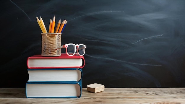 Stack of books with pencil holder and glasses against a chalkboard