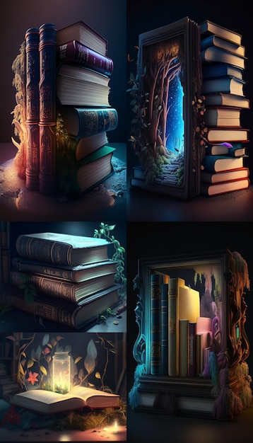 stack of books with a picture of a tree and a picture of a girl with the words magic on it